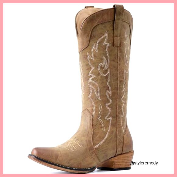 Mid Calf Cowboy Boots with Embroidery Snip Toe Western Fashion - Picture 4 of 7